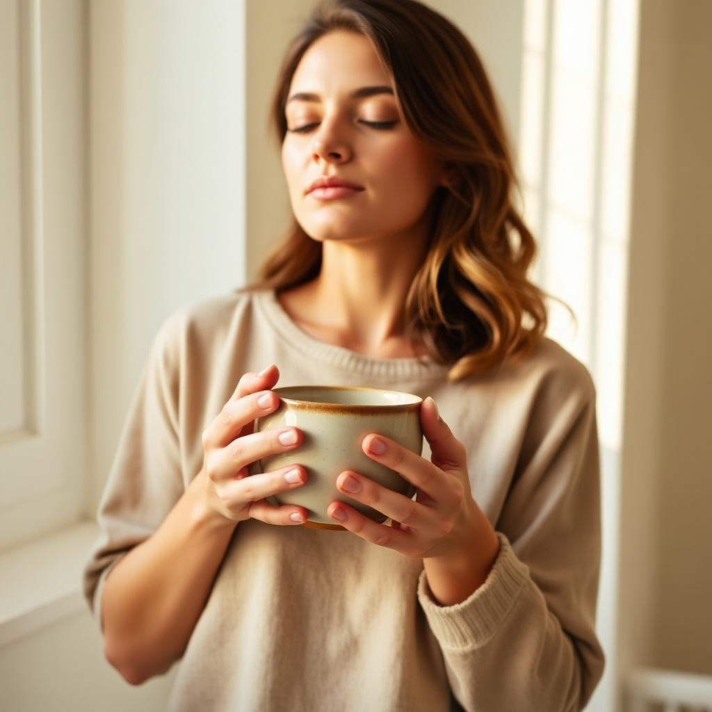 Femme apaisée tenant une tasse