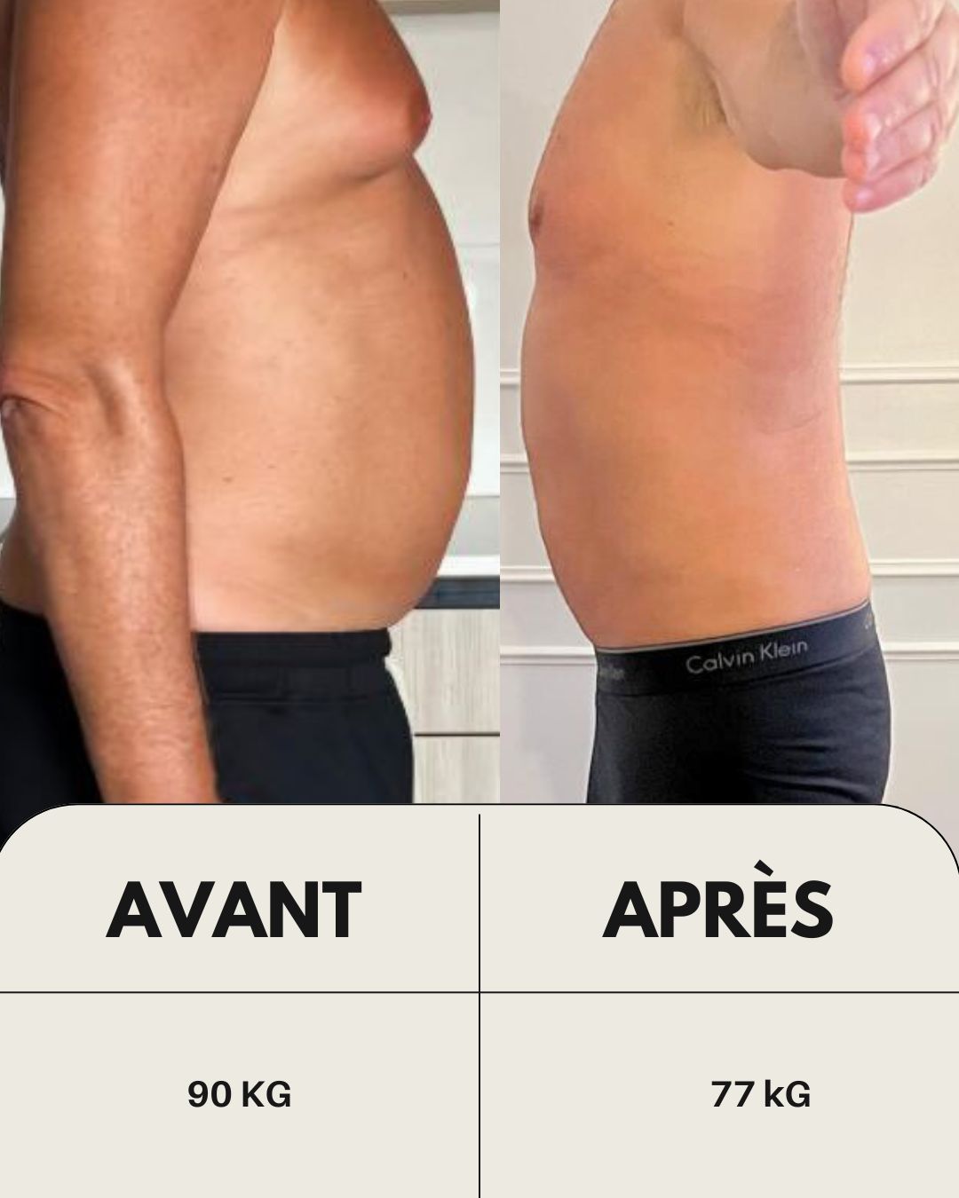 H. — 90 → 77 kg (profil)