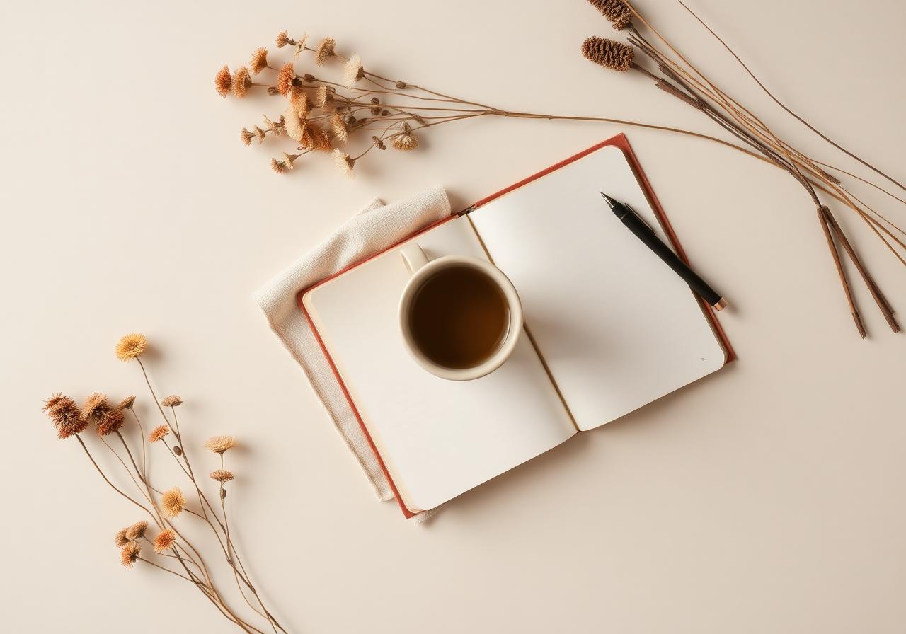 Carnet, tasse et fleurs séchées